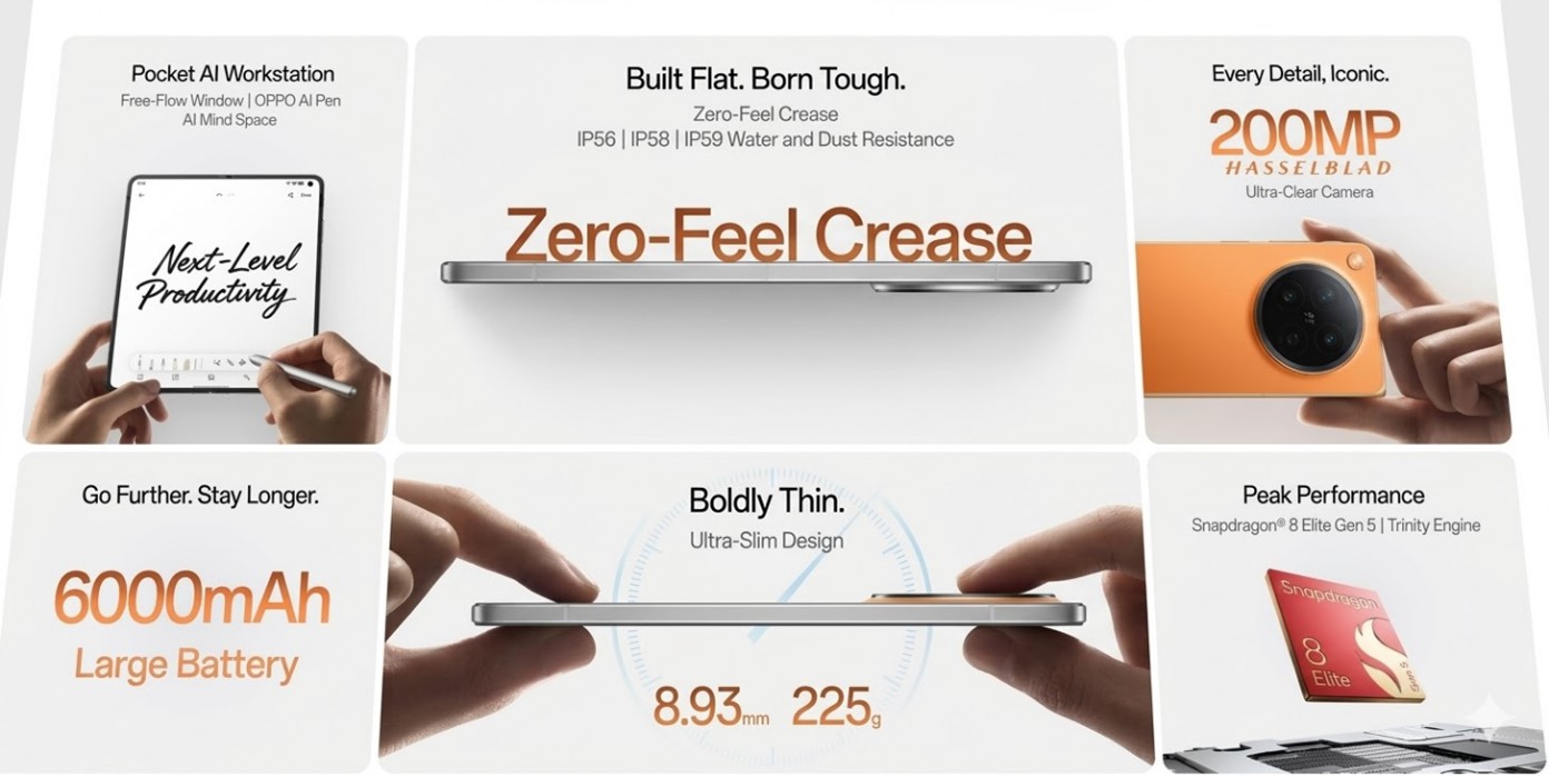 8.93mmの厚さ、6000mAhバッテリー、Zero-Feel CreaseなどOPPO Find N6の核心スペック画像