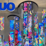 AUO's transparent Micro-LED display structure showing a stained glass design at Touch Taiwan 2026, representing its Smart Life Solution transformation.