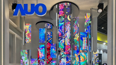AUO's transparent Micro-LED display structure showing a stained glass design at Touch Taiwan 2026, representing its Smart Life Solution transformation.