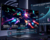 Ultra-wide curved OLED gaming monitor displaying a space racing game, accompanied by shipment growth forecasts and technology competition stats.
