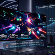 Ultra-wide curved OLED gaming monitor displaying a space racing game, accompanied by shipment growth forecasts and technology competition stats.