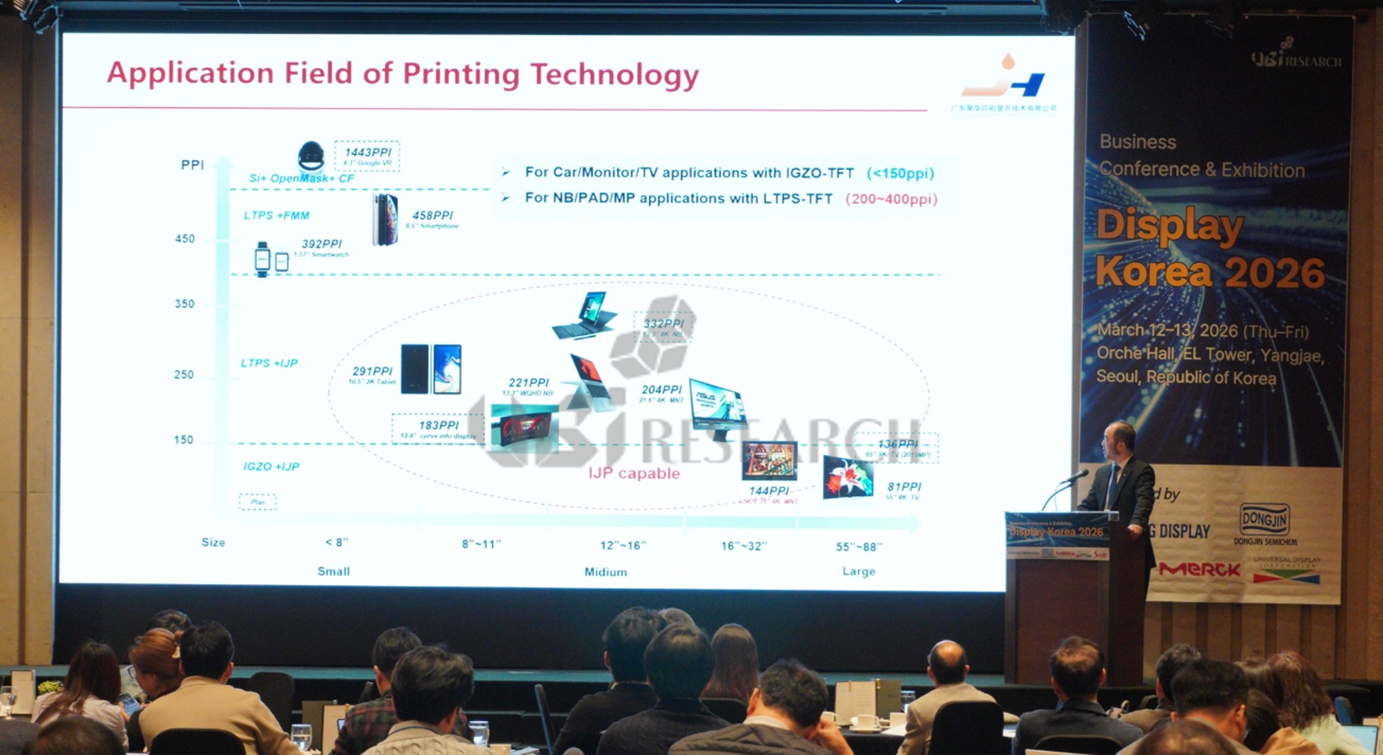 Display Korea 2026で「Application Field of Printing Technology」をテーマに中大型インクジェットプリンティングOLED技術を発表しているJuhuaのFu Dong氏